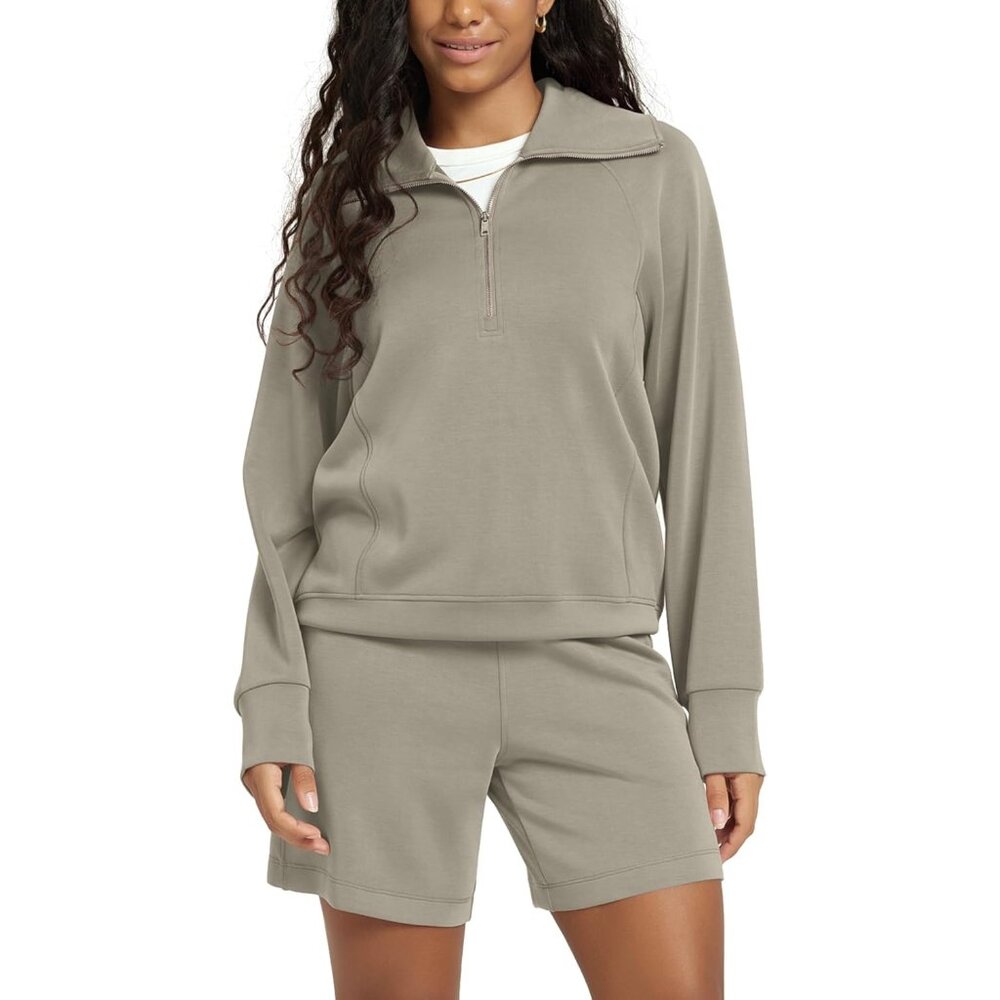 Women's Khaki Modal Soft Half-Zip Sweatshirts for Long Sleeve Relaxed Fit